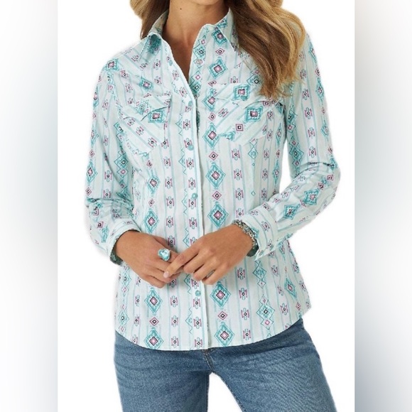 Wrangler Retro Western Curved Yoke Turquoise Snap Down Shirt - Picture 2 of 16
